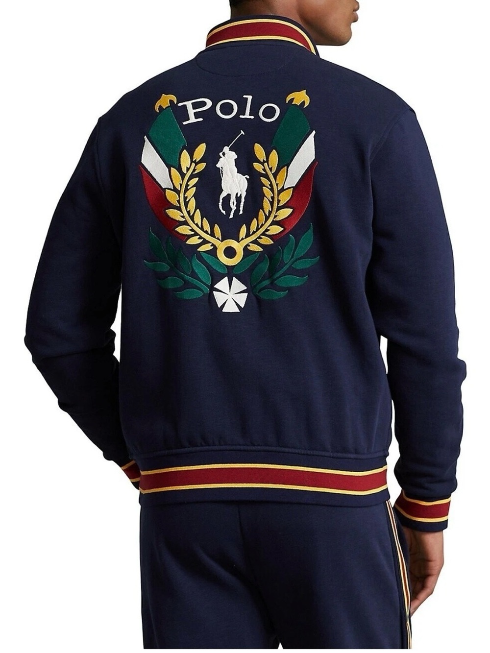 Polo by Ralph Lauren Navy Varsity Crest Bomber Jacket with Red & Gold Trim